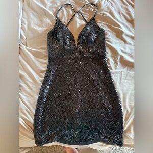 La Femme Black Sequin Backless Dress